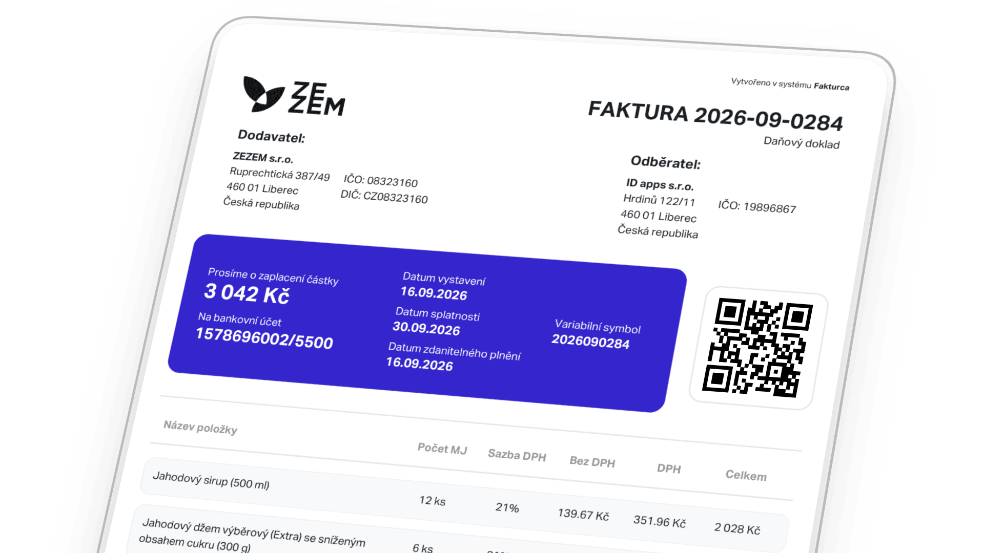 Ukázka faktury vytvořené ve Faktur.ca s platebními údaji a QR kódem
